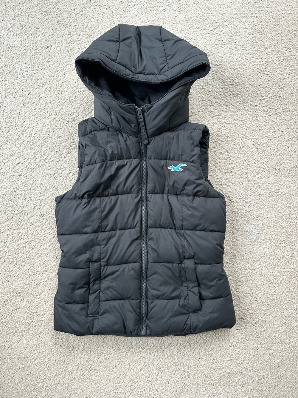 Hollister Black Hooded Quilted Vest with Teal Logo